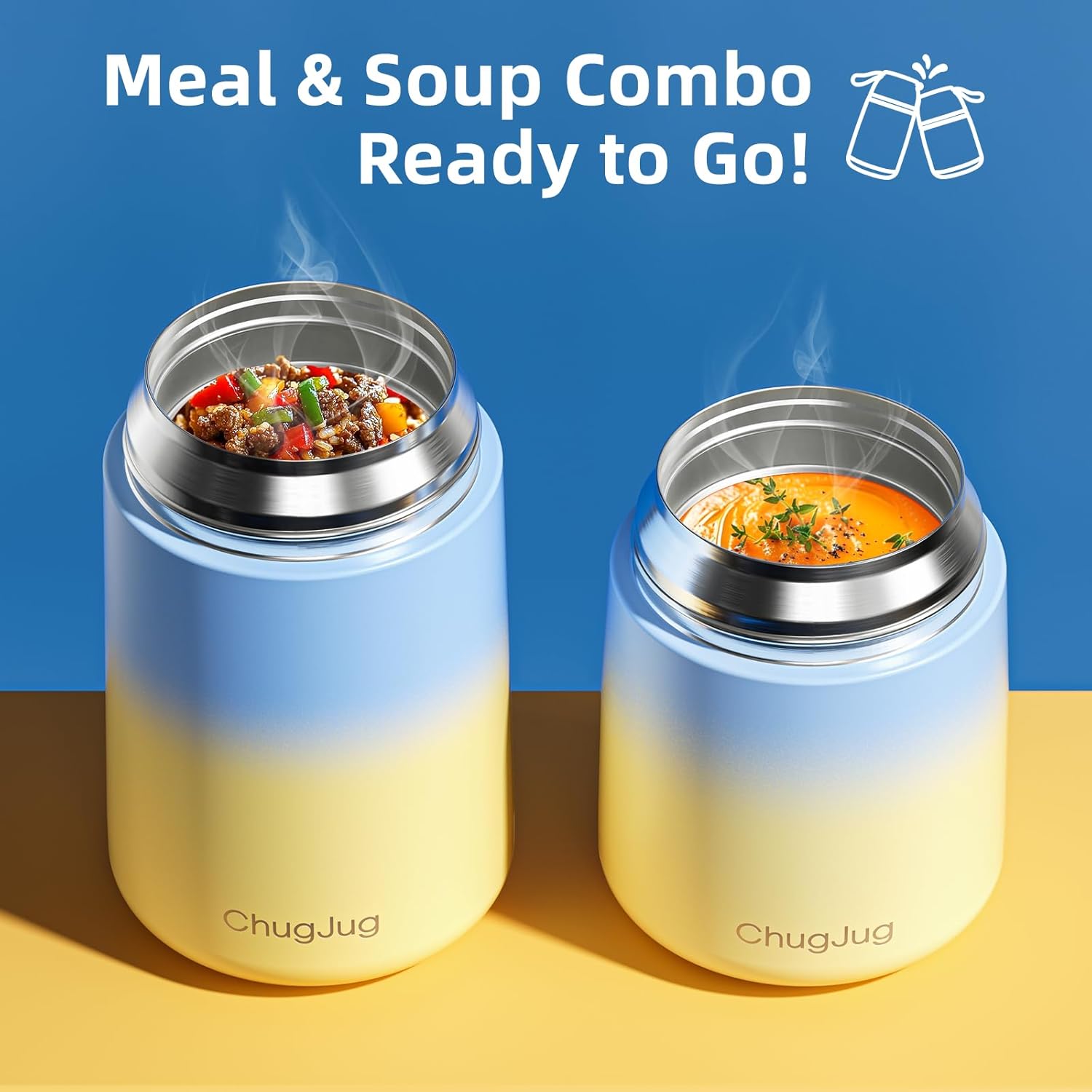 2 Pack Insulated Food Jar 26oz & 18oz, Thermo for Hot Food Vacuum Insulated Soup Container, Leak-Proof Stainless Steel Food Jar with Spoon, Cute Stylish Design for School Office Travel (Blue) - Image 3