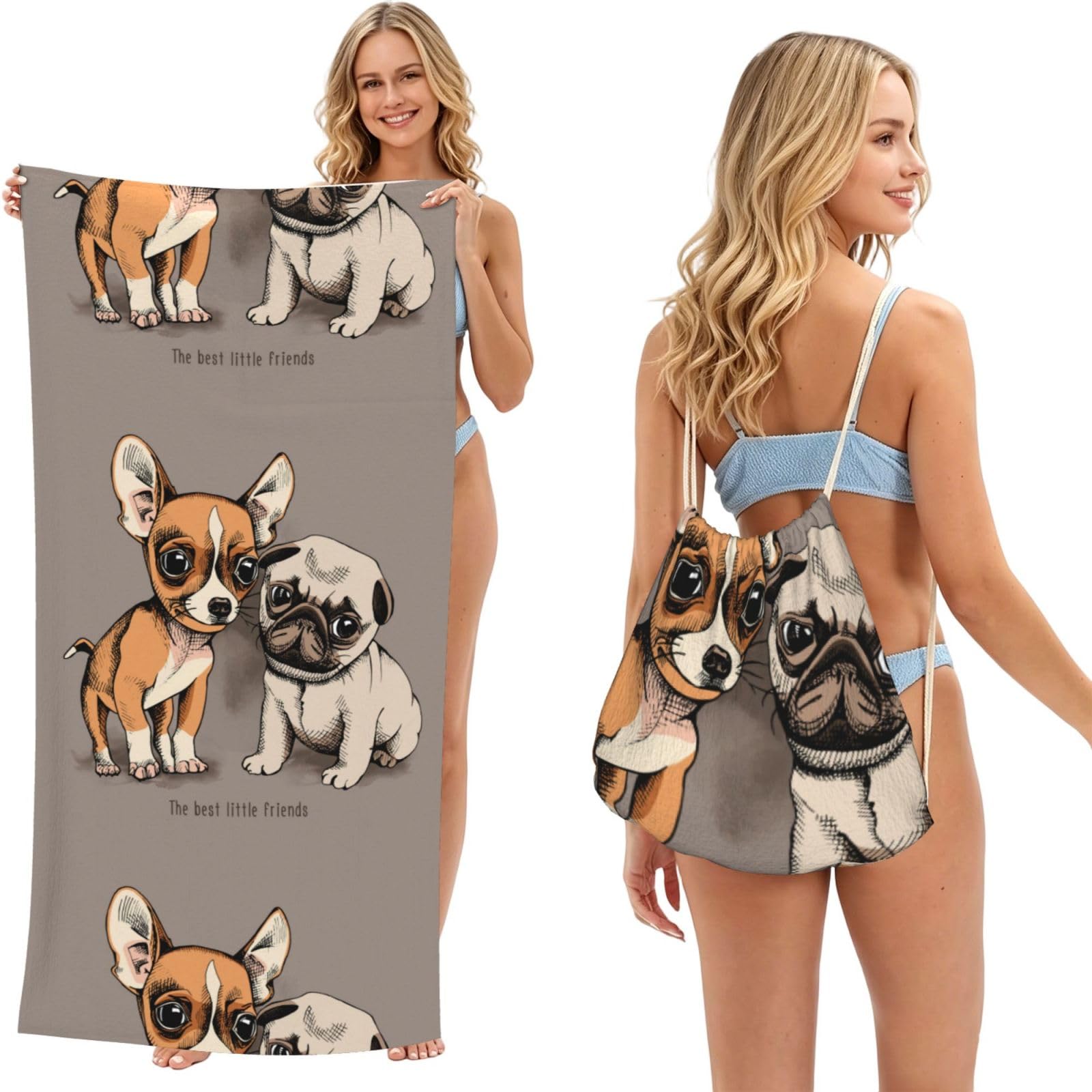 Poadnly Chihuahua Bulldog Cute Pug Dog Pet Animal Friends Puppy Beige, 2 in 1 Packable Towel Bag, Beach Towels with Drawstring Backpack for Travel Holiday Camping
