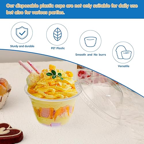 Miniatura 3 de Huaiid Paquete de 50 vasos de postre de plástico transparente de 7 onzas con tapas de cúpula, vasos de plástico transparente desechables, vasos de