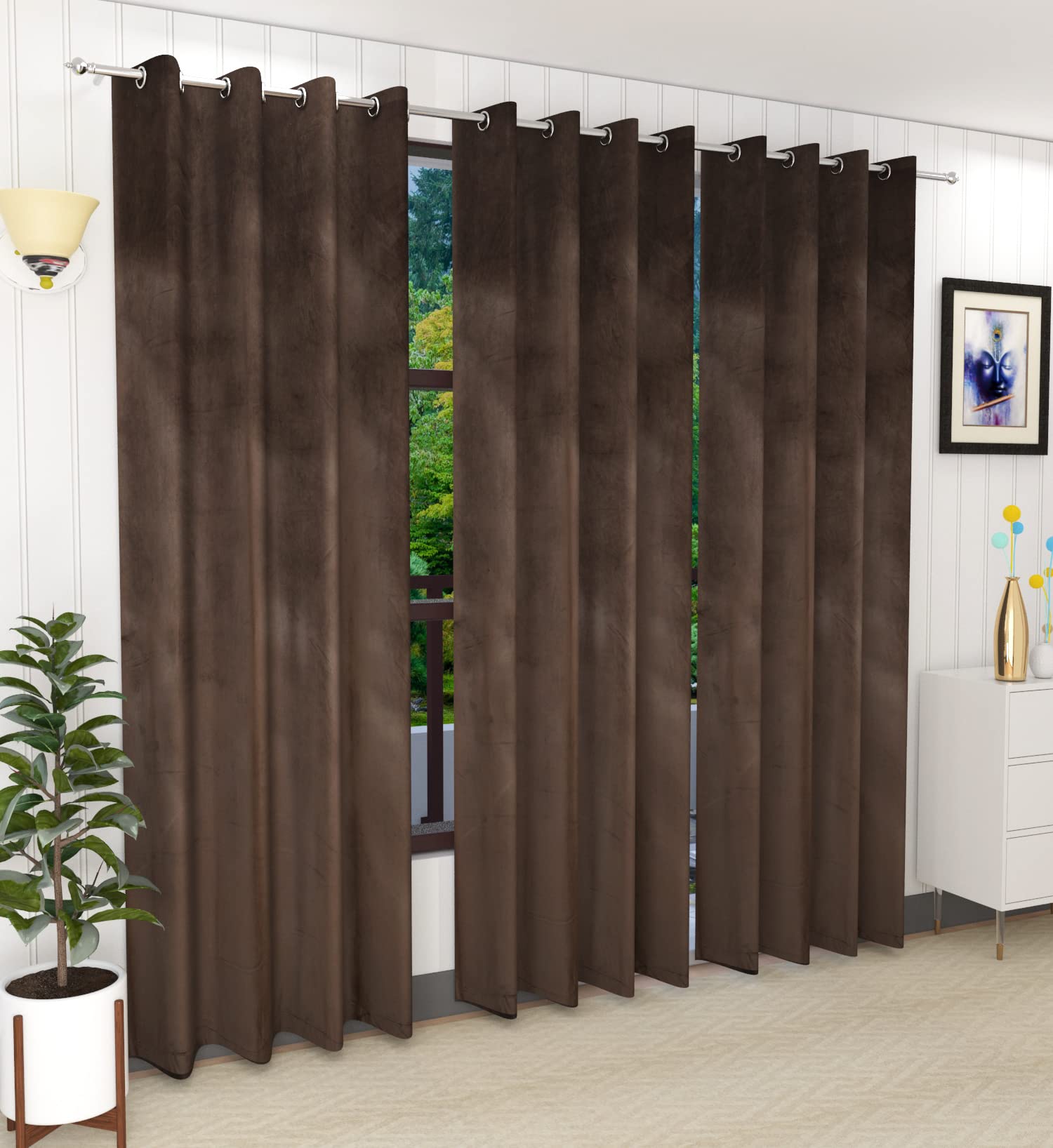 Home cloud 3 Pieces Velvet Plain Semi Blackout Parda Curtains for Door 7 Feet Set of 3 Pcs-[ 4 Feet x 7 Feet]- Color-Brown