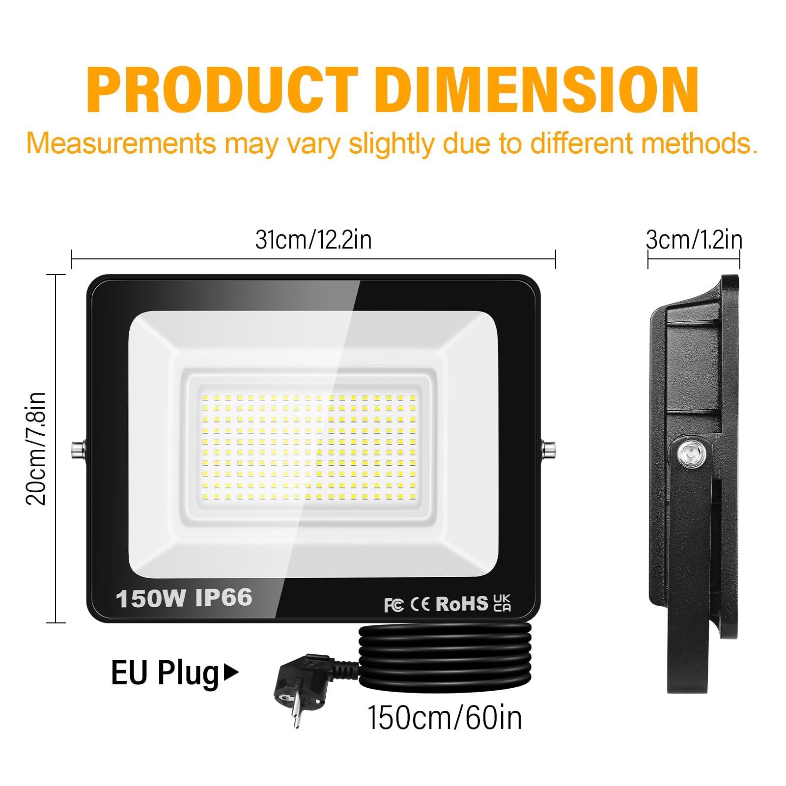 SKYWORLD 150W LED Außenstrahler 1x IP66 Wasserdicht | 6000K Kaltweiß | Superhell mit Stecker | Für Garten, Hof, Garageneinfahrt & Außenbereich
