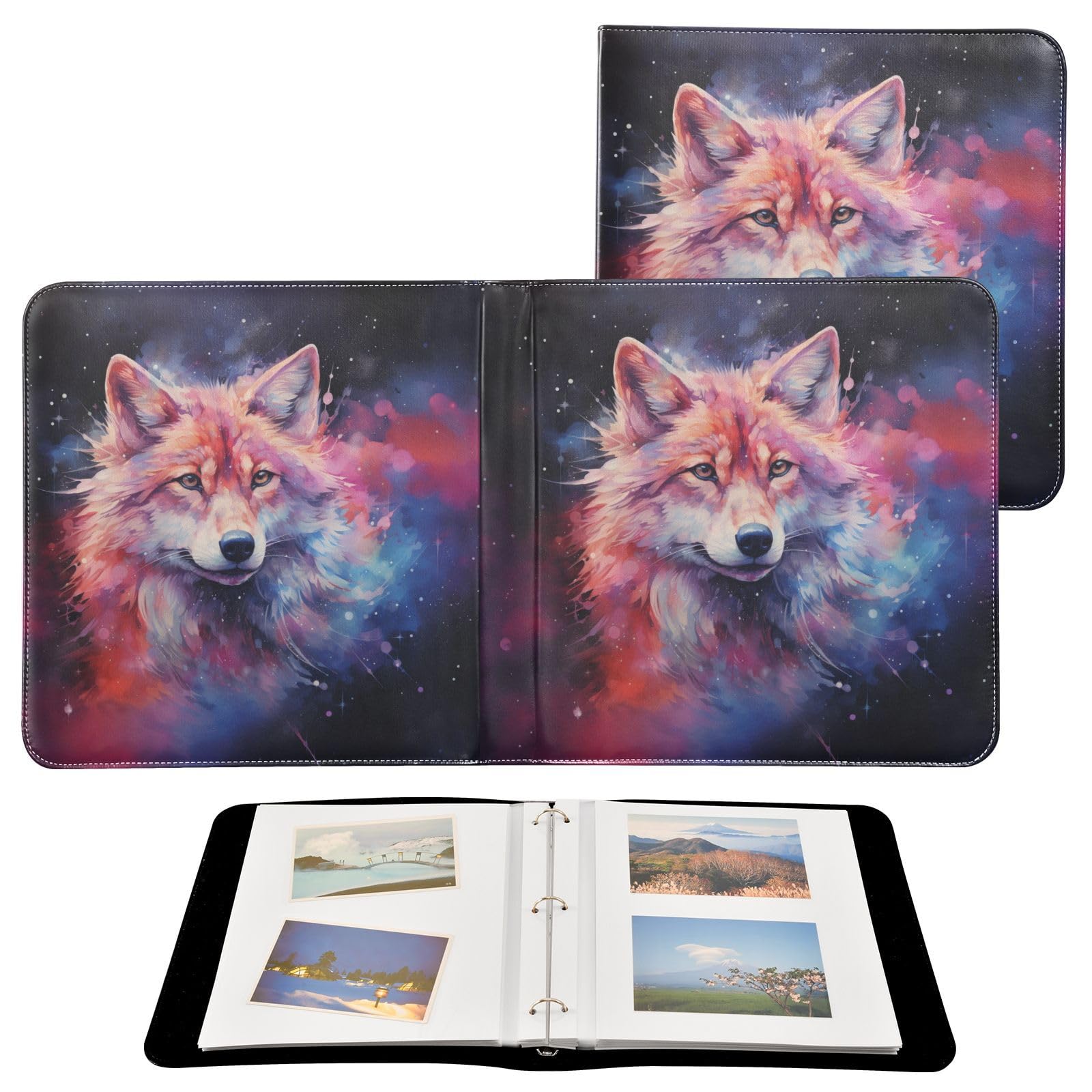 JIPONI Wolf and Red Space Large Photo Album, DIY Leather Cover Scrapbook Albums for 4x6 5x7 6x8 Pictures, Self Adhesive Memory Book for Wedding, Baby, Family