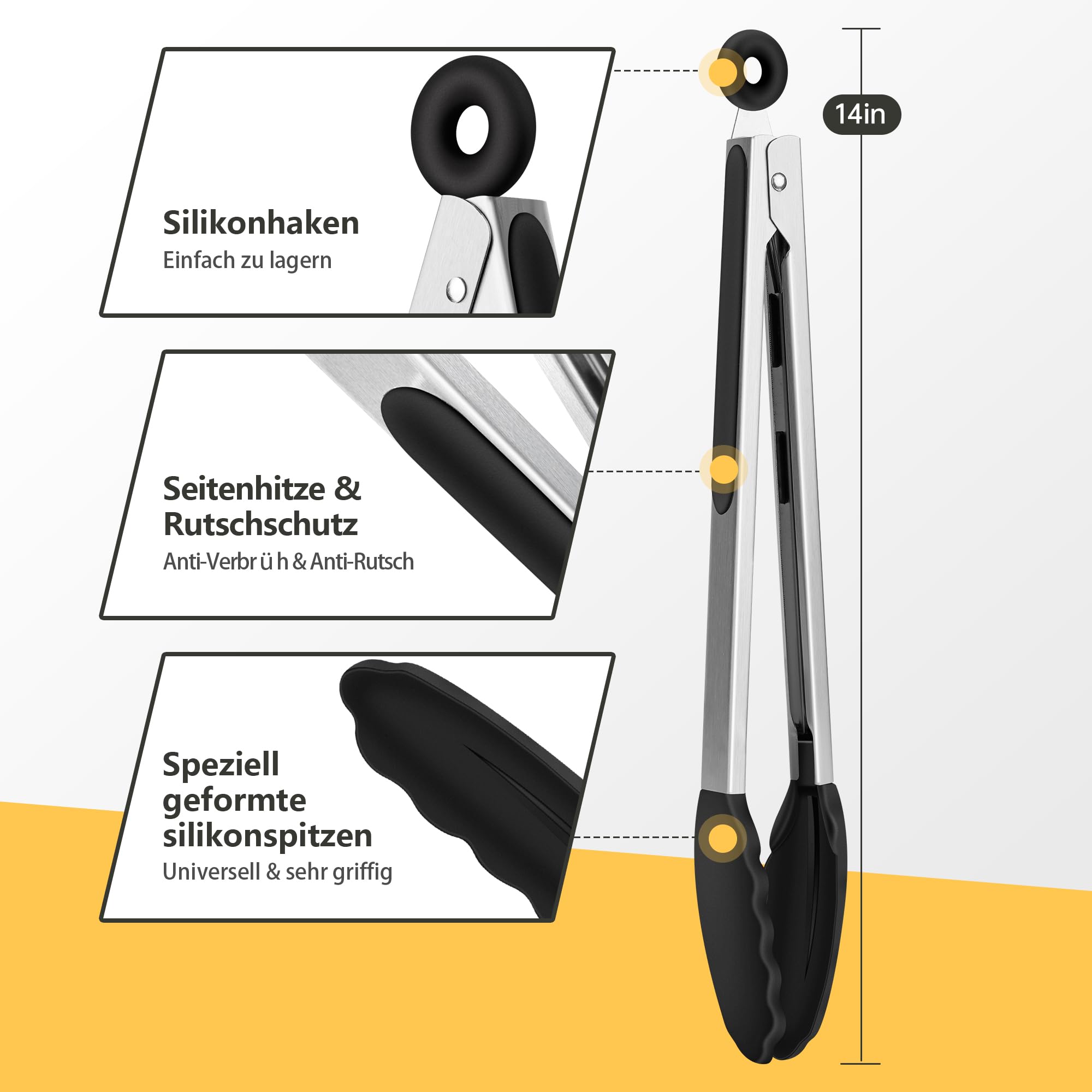 Elalove Pince Barbecue et Cuisine 39 cm en Silicone Alimentaire Sans BPA - Résistante à la Chaleur pour Four, Grill et Ustensiles de Cuisine, Noir