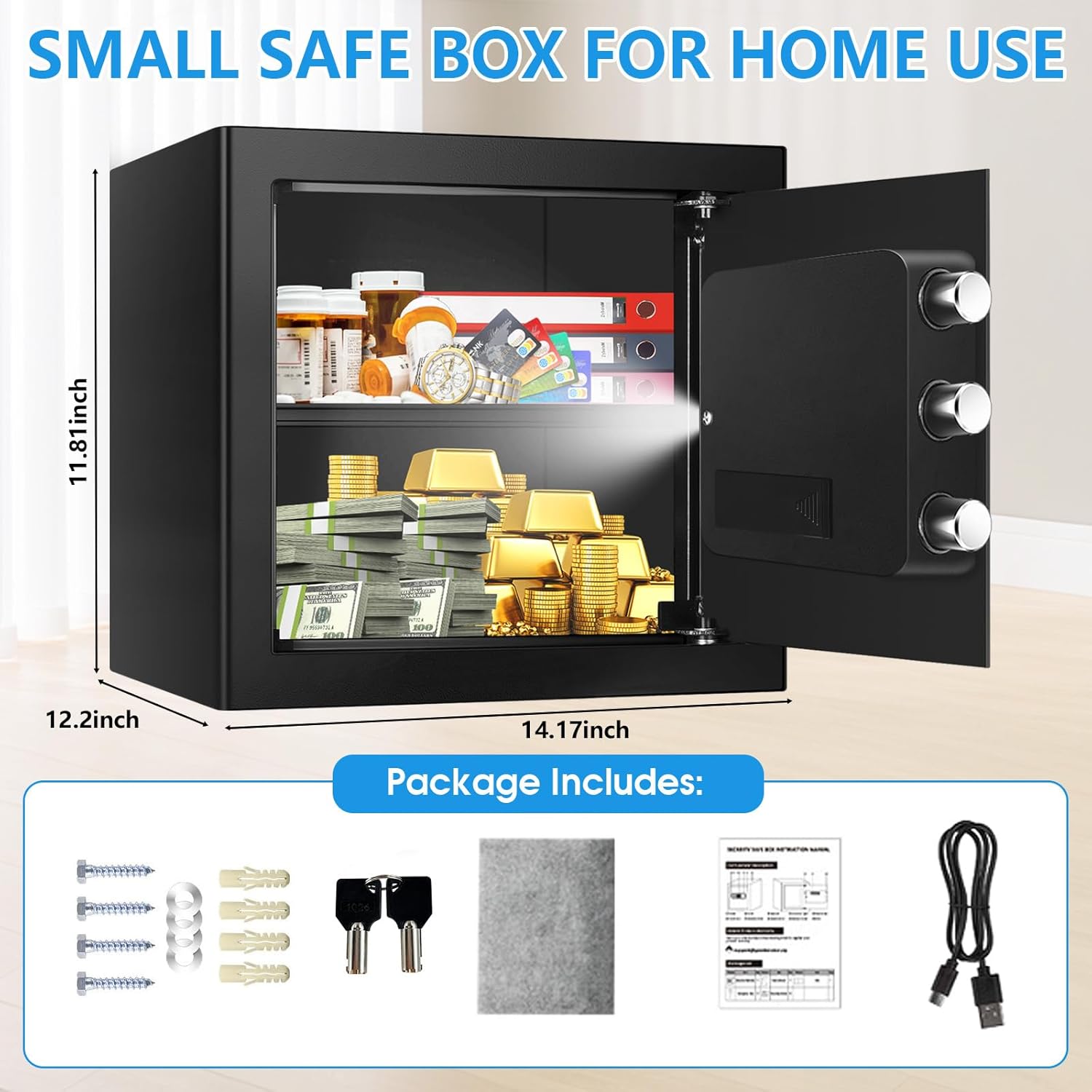 1.6 cuft small home safes water and fireproof, fire proof safes for home use, anti-theft security safe box with digital keypad & removable shelf and led light, money safes for documents valuables 1.6 cubic feet