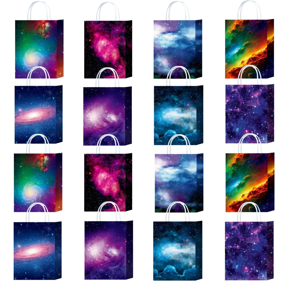 16 Packs Outerspace Galaxy Gift Paper Bags, 22x16x8 cm Gift Bags with Twist Handles for Kids or Adults in Birthday party, Weddings, Events or Shopping (black sky)