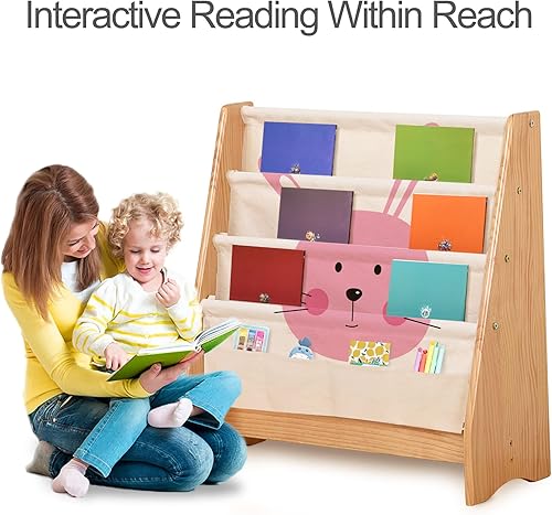Miniatura 8 de KRAND Estantería para niños pequeños y niñas, organizador de libros, con mangas de lona impresas con animales y estructura de madera maciza