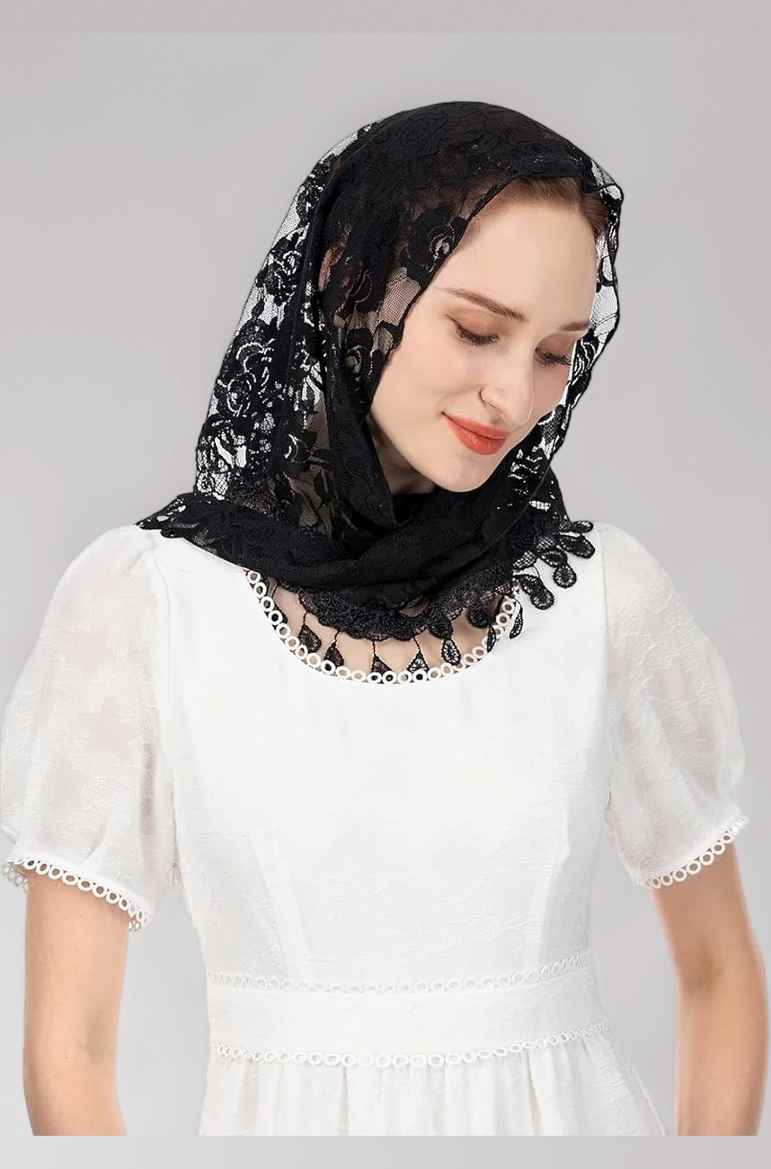 PALAY Triangle Lace Mantilla Veil, Cotton Head Scarf Church Veil Mass Veil for Women, Embroidery Rose Tassel Ladies Cathedral Head Covering for Mass Wedding Bridesmaids