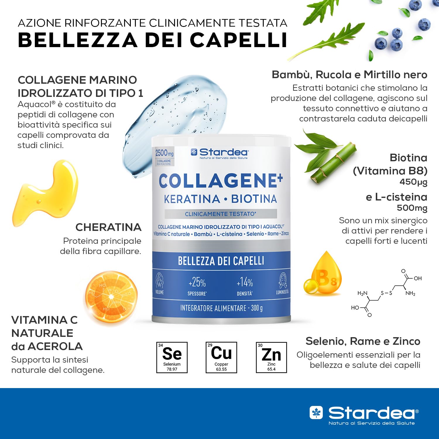 Integratore Capelli Collagene E Cheratina - Biotina Polvere 300 g STARDEA | Collagene Marino Idrolizzato 2500 mg Con Zinco Bisglicinato, Vitamina C Da Acerola E L-Cisteina - 300 g