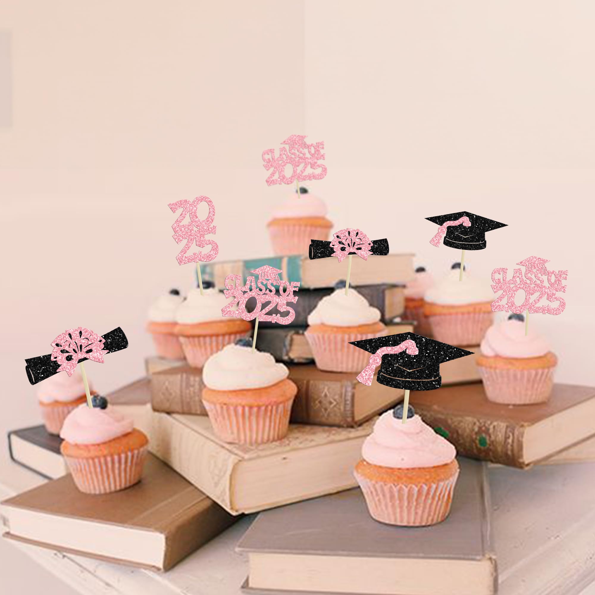 Ephlyn 36Pcs 2025 Graduation Theme Cupcake Toppers Glitter Class of 2025 Congrats Grad Diploma Graduation Cap Cupcake Picks for 2025 Graduation Theme Party Cake Decorations Supplies Pink - Image 4