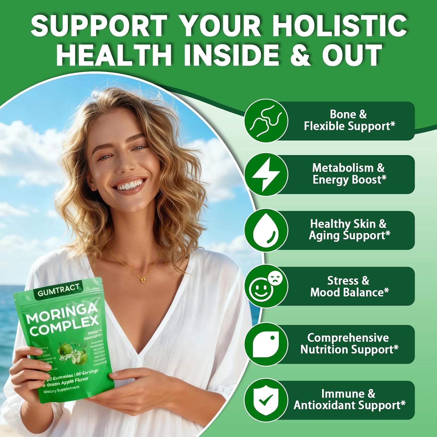 Moringa Gummies for Women & Men, 16-in-1 Sugar-Free Superfood Complex with Sea Moss, Chlorophyll, Turmeric, Ginger & Ashwagandha | Energy, Immune & Skin Support | Vegan & Gluten-Free | 60 Count - Image 4