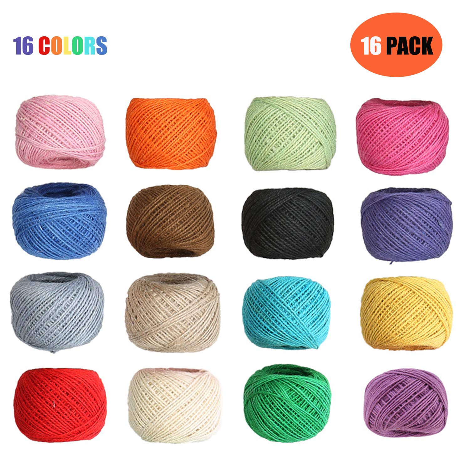 Jute Twine, 1312 Feet 2mm Natural Jute String, 16 Roll Strong Cord Thick Rope String for Artworks, DIY Crafts, Gift Wrapping Twine, Picture Display and Embellishments (16 Colors)