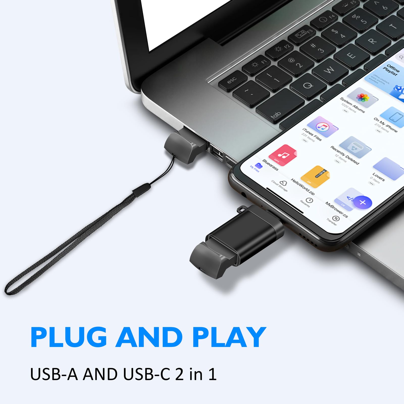 EASTBULL Paquete de 10 unidades flash pequeñas USB 2.0 de 2 GB con un adaptador USB-C | FAT32 - Miniunidades USB de 2 GB para almacenamiento de datos (gris, 10 cordones, 1 adaptador)