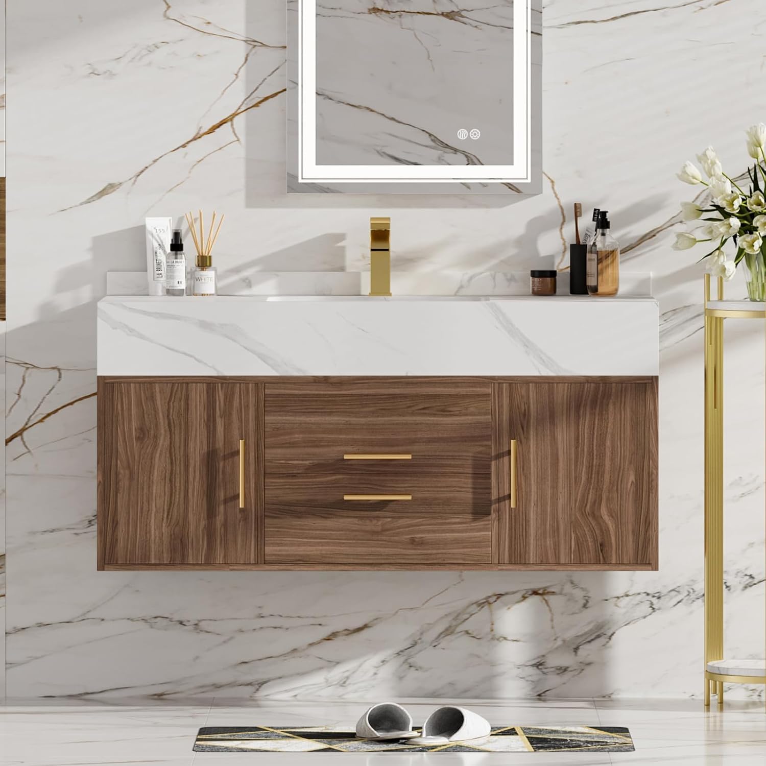 homary 39.4" Bathroom Vanity with Sink-Modern Bathroom Floating Vanity with Sintered Stone Countertop and 2 Drawers 2 Storage Cabinets, Undercounter Ceramic Sink, Walnut