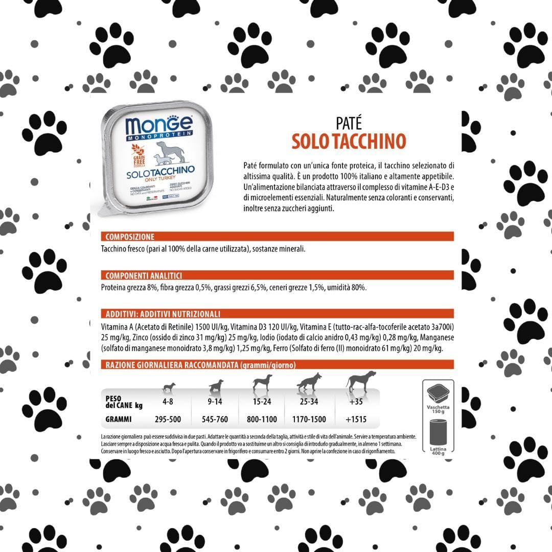 Monge Monoprotein cane, umido monoproteico per cani di tutte le taglie gusto SOLO TACCHINO formula grainfree | 12 vaschette da 150 grammi l'una.