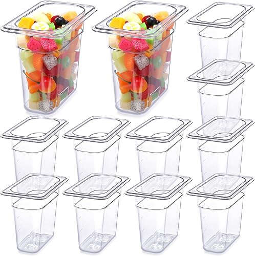 Mumufy Paquete de 12 sartenes de plástico transparente para alimentos de tamaño 19, sartén de policarbonato apilable profundo con indicador de