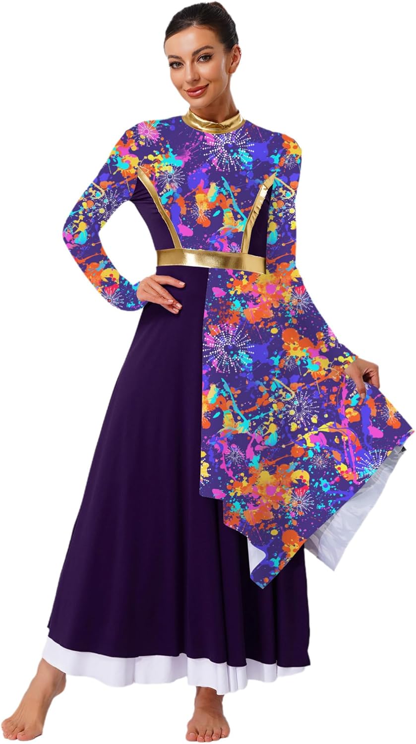 CHICTRY Women's Camouflage Worship Praise Dance Dress Tunic Asymmetrical Overlay Liturgical Dance Costume
