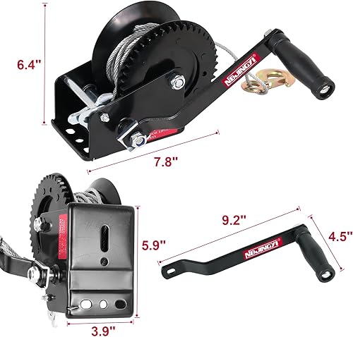 Miniatura 2 de Freno de cabrestante de remolque de barco resistente, 1600 libras con correa de 23.0 ft (23 pies) con manivela de mano con trinquete negro