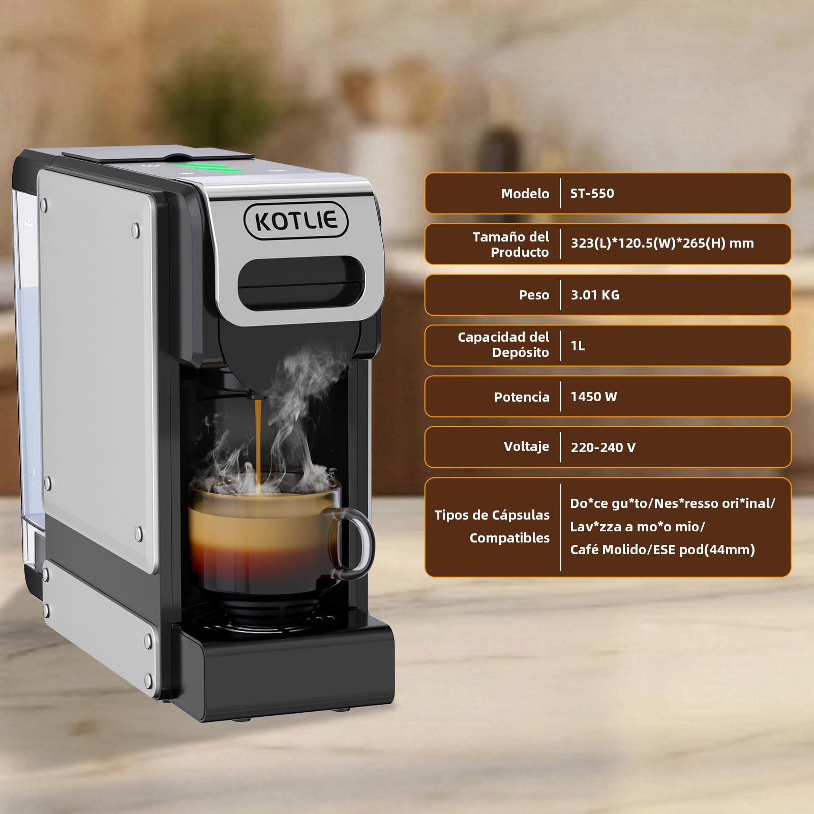 5 en 1 Máquina de Café en Cápsulas 19BAR para Lavazza MIO/Nespresso Original/Dolce Gusto cápsulas y Café Molido/ESE Pod, Máquinas Automáticas de Café Espresso en Cápsulas Pequeñas, 1L, 1450W