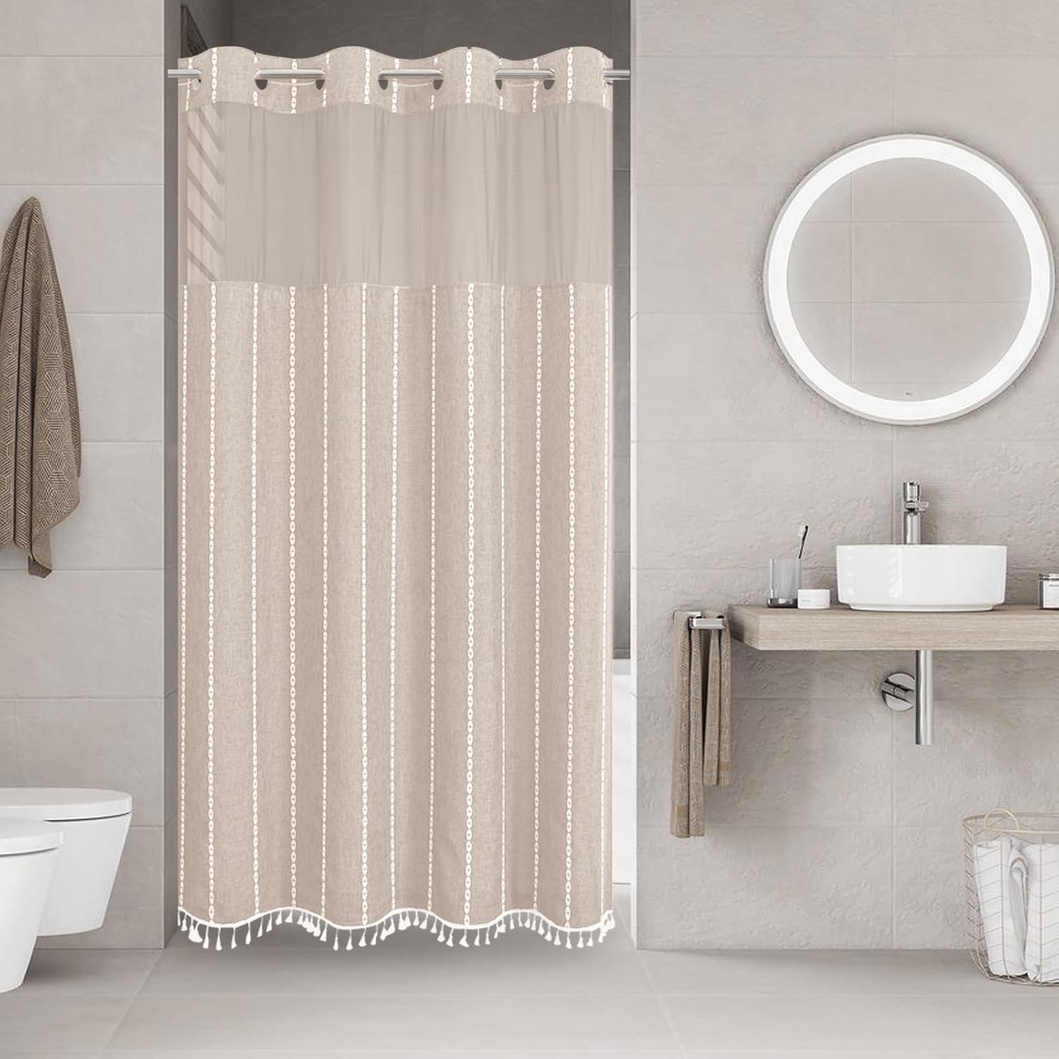 No Hook Stall Shower Curtain with Snap-in Fabric Liner - 54x80 Heavy-Duty Linen Textured Striped Design,Narrow Rustic Modern Farmhouse Bohemian Bathroom Curtain,Water-Repellent,Tan/Taupe