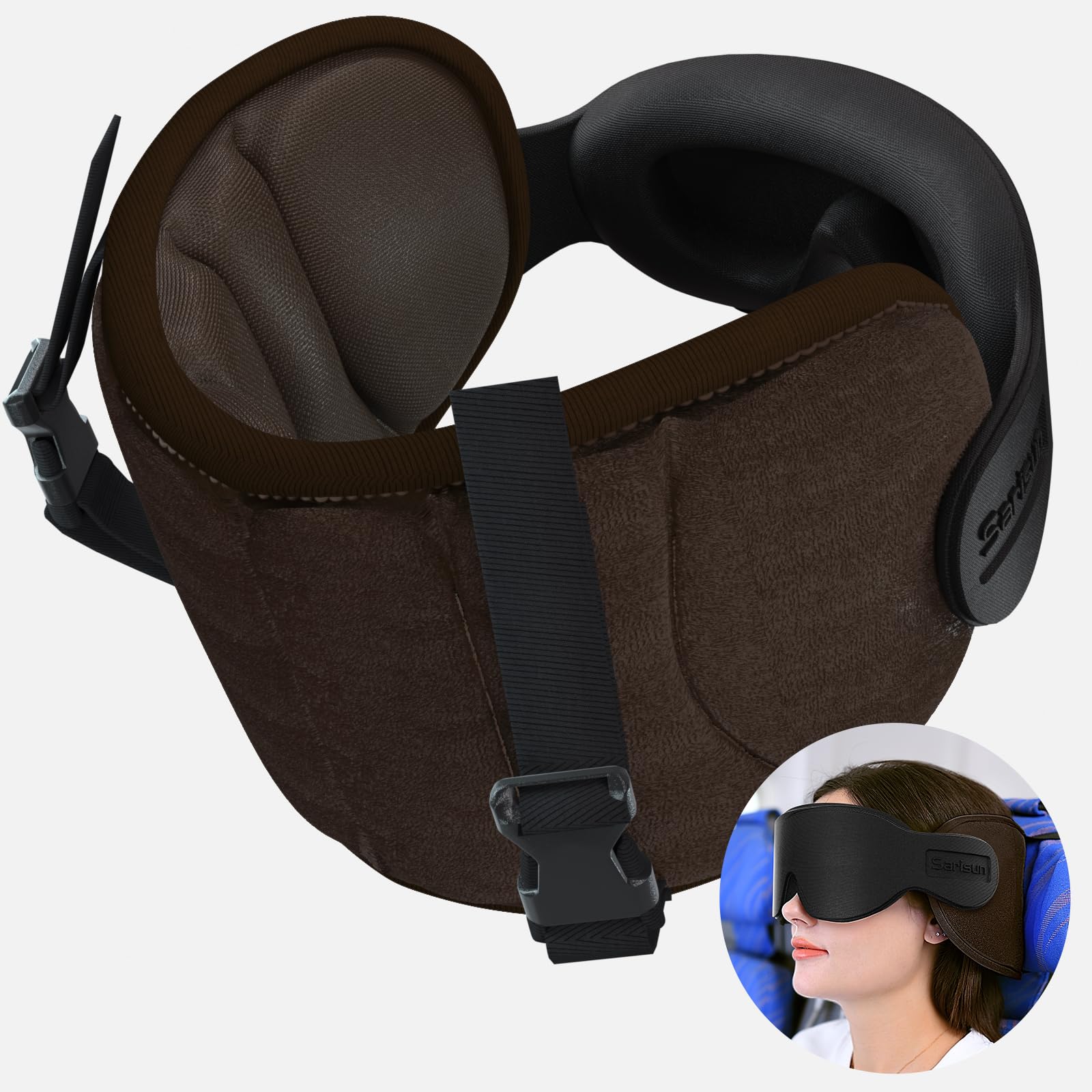 SARISUN Travel Pillows for Airplanes, Airplane Pillow with Eye Mask for Long Flight, Airplane Head Strap for Sleeping, Travel Neck Pillow for Car, Road Trip Car Headrest, Stop Bobblehead, Dark Brown-image-8