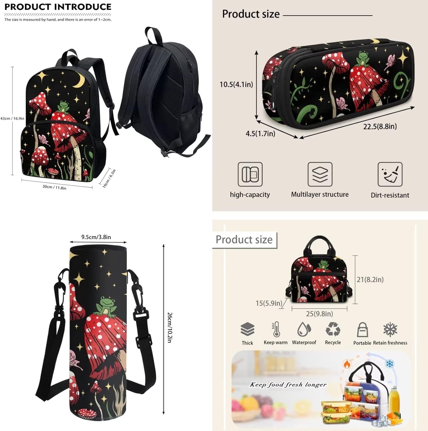 4 PCS Cute Frog Mushroom Backpack Girls Moon Stars Mushroom Schoolbag With Insulated Lunch Bag Crossbody Water Holder Case Pencil Box,Child School Bag Sets for Travel/Sports/Hiking