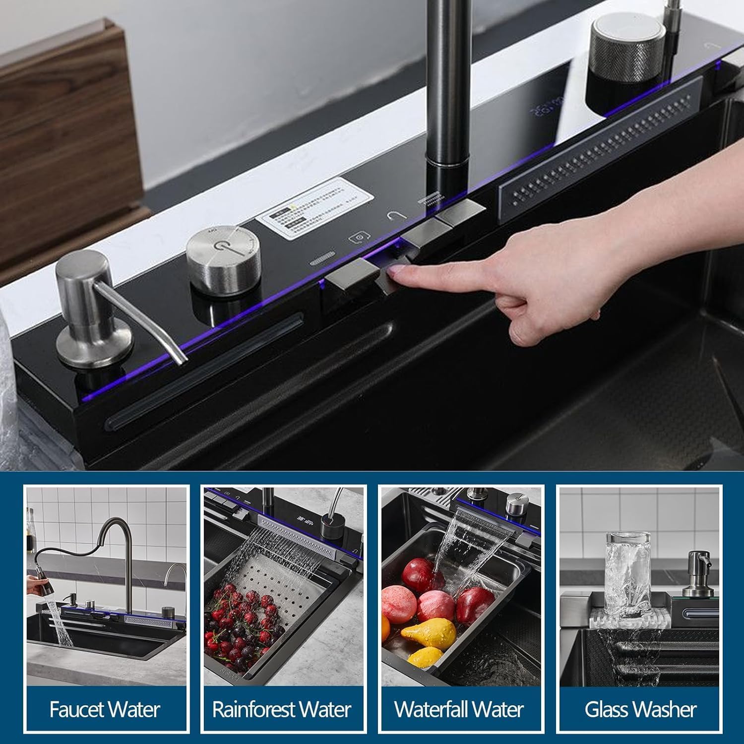 Hisre Waterfall Kitchen Sink with 5-Piano Switch and Pull-down Faucet And Accessories 304 Grade Steel Sink with LED Digital Display & RO Tap - Nano Coating (Black, 30x18x10 Inch), photo 3 of 5