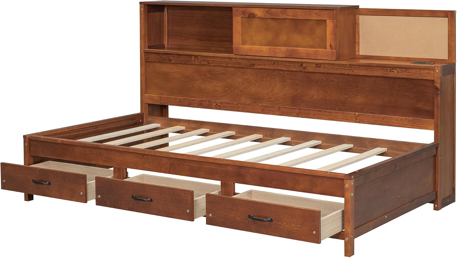 MERITLINE Twin Size Daybed with 3 Storage Drawers and Shelf, Wooden Daybed with a Set of Sockets and USB Ports, Walnut