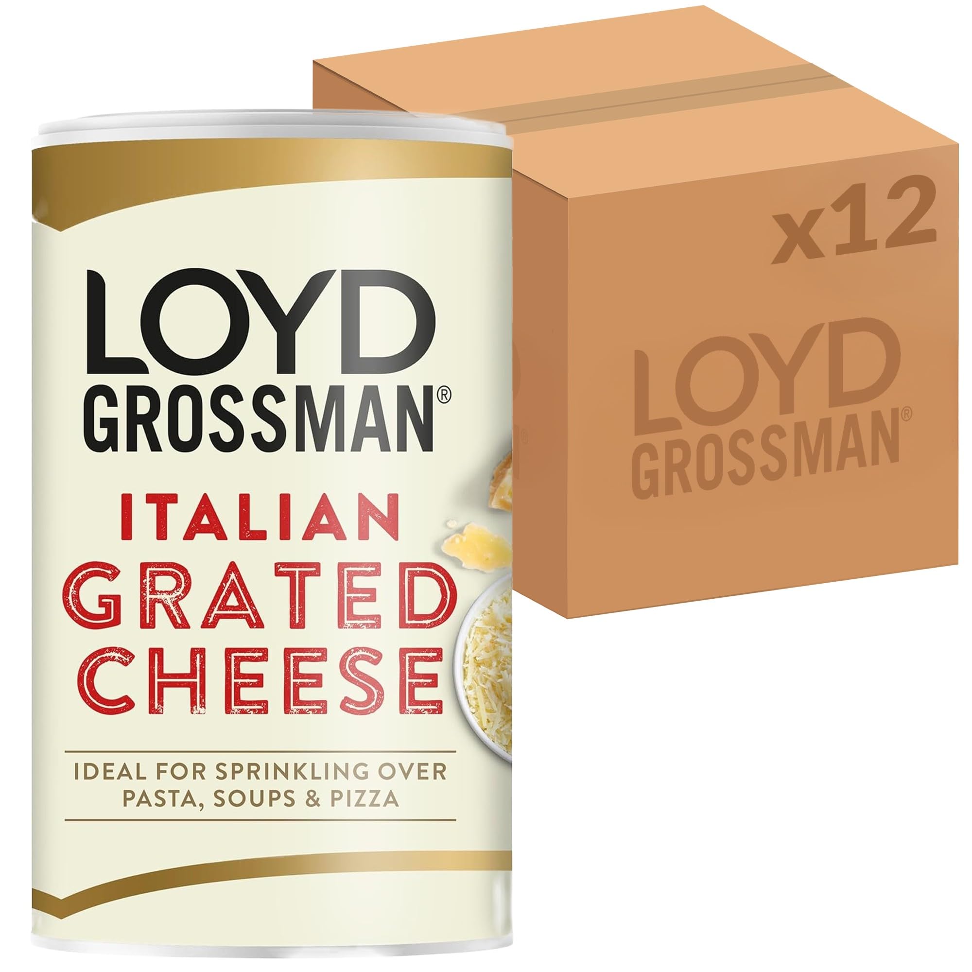 Loyd Grossman Grated Italian Hard Cheese in Resealable Packs - Savoury Cheese Topping For Pasta, Salads & Cooking, 80 g (Pack of 12)
