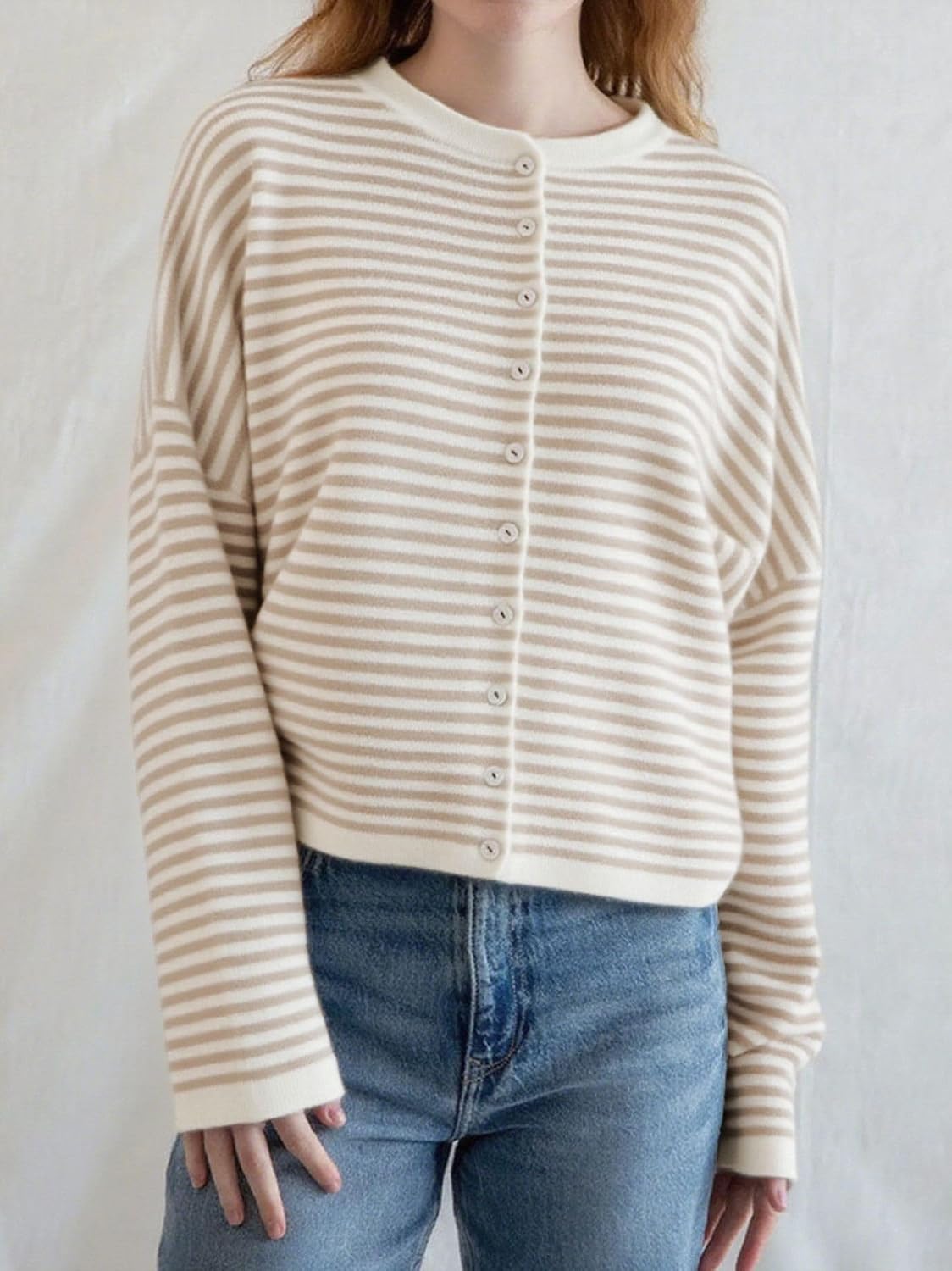Women's Cardigans Knit Long Sleeve Stripe Crew Neck Button Down Ladies Jumper Cardigan Sweater for Fall Winter (US, Alpha, Large, Regular, Regular, Khaki)