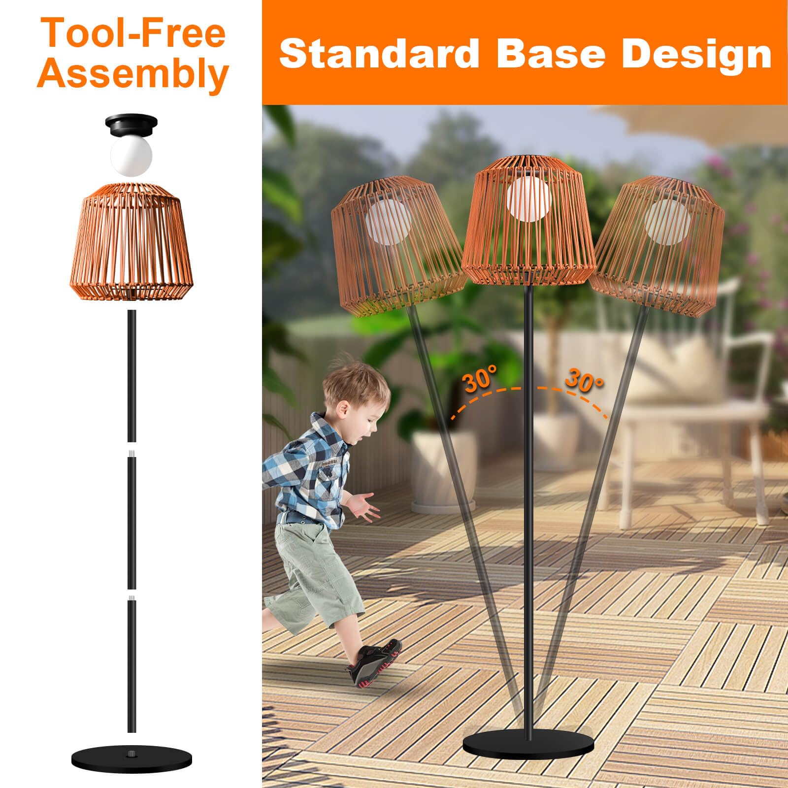 Lámpara solar exterior de ratán con 3 niveles de brillo y carga USB, IP65, resistente al agua, lámpara de pie solar para jardín, terraza y salón (30 × 30 × 155 cm, blanco cálido, encendido