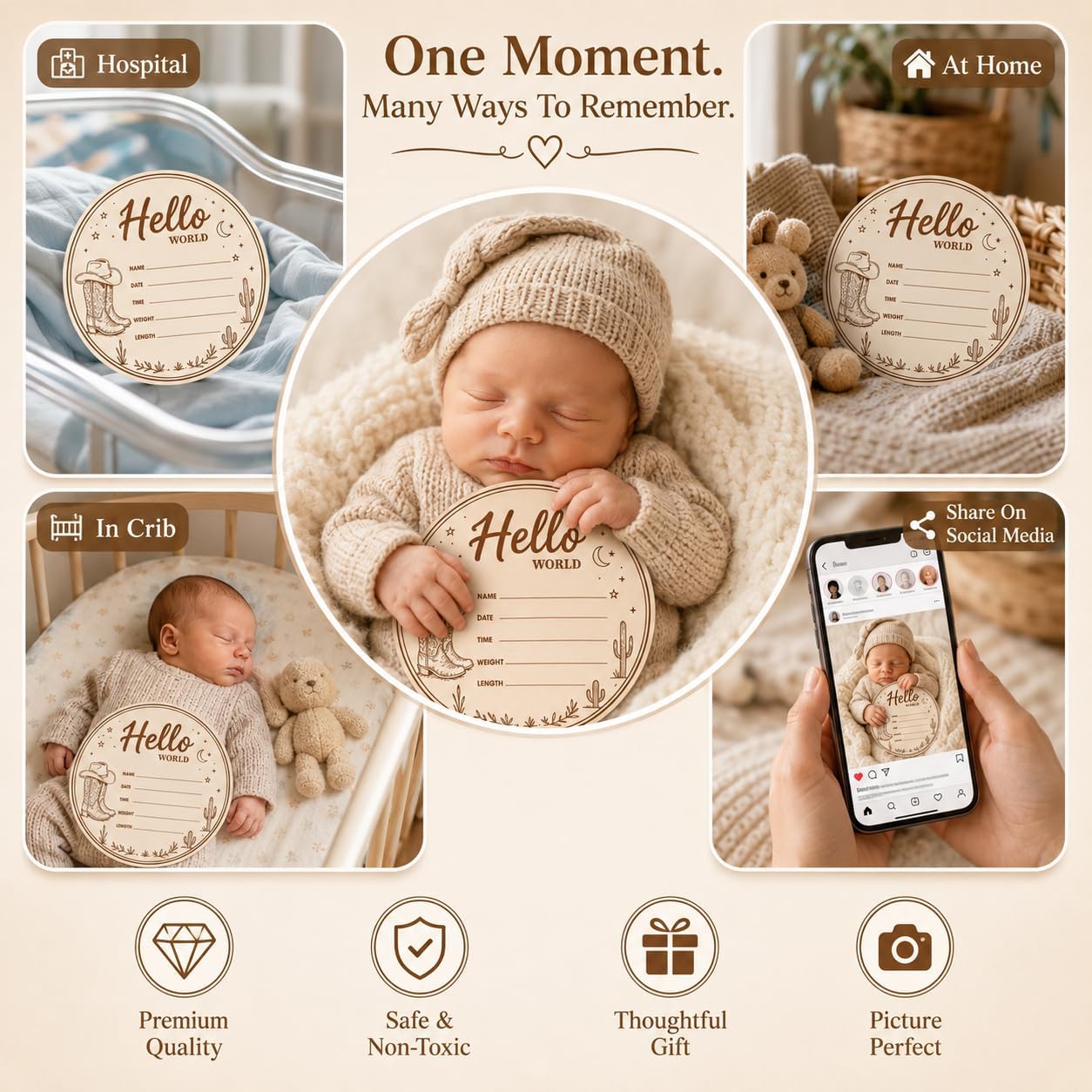 Baby Announcement Sign – Hello World Newborn Sign in 3D Wood with Rustic Cowboy Boots & Western Desert Details for Newborn Memories, Nursery Décor & Baby’s First Precious Moments