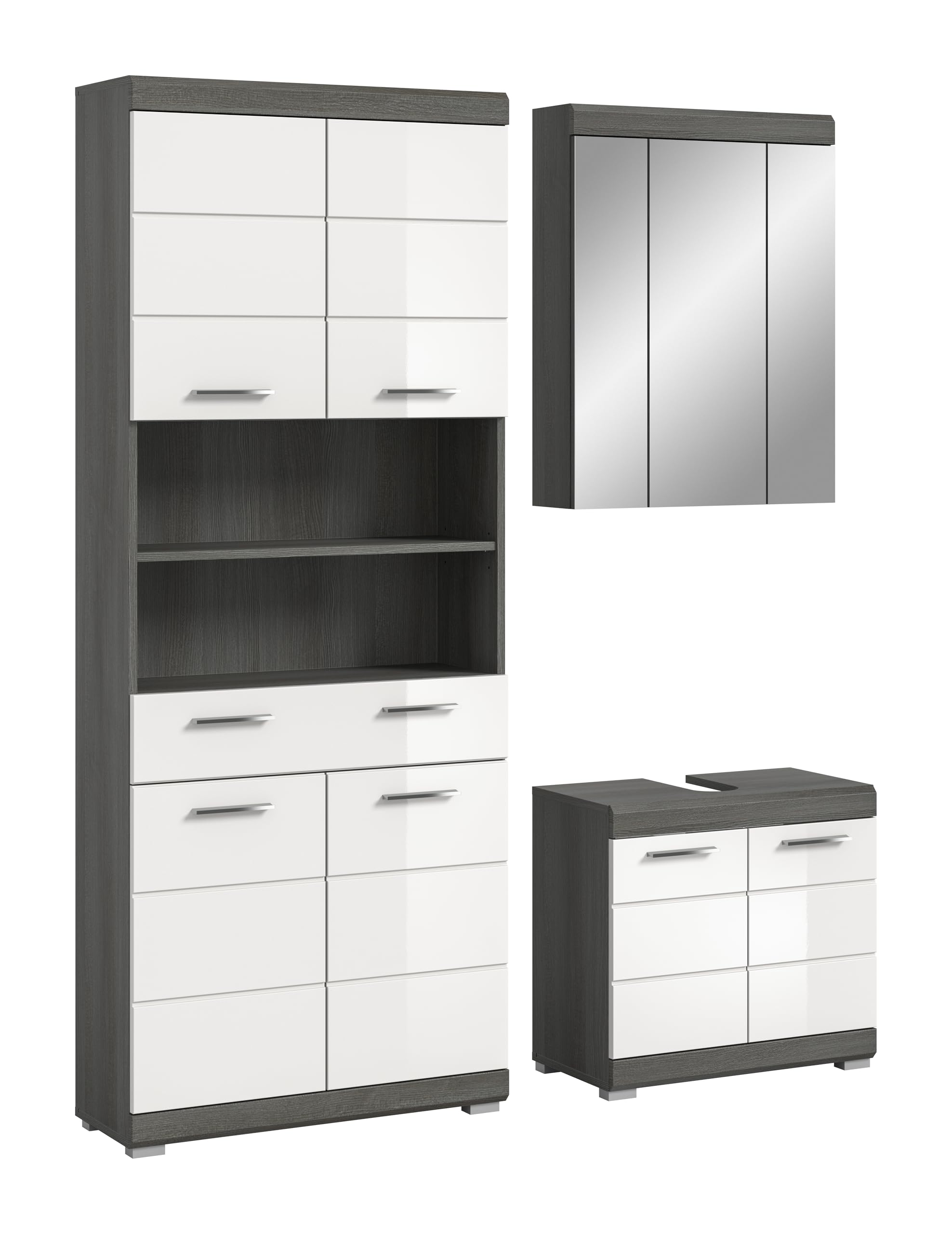 xonox.home – Badkombination Scout 149x191x34 cm in Rauchsilber Nachbildung und weiß Hochglanz – Stilvolles Komplettset fürs Bad – harmonisch, funktional & geradlinig im Design