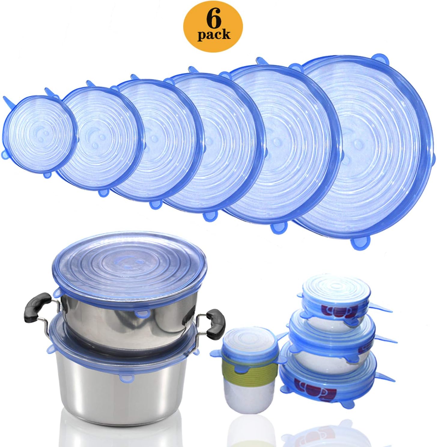 MARKKEER Silicone Stretch Lids (6 pack), Durable and Expandable of Silicone Food Coversto Fit Various Sizes and Shapes of Containers