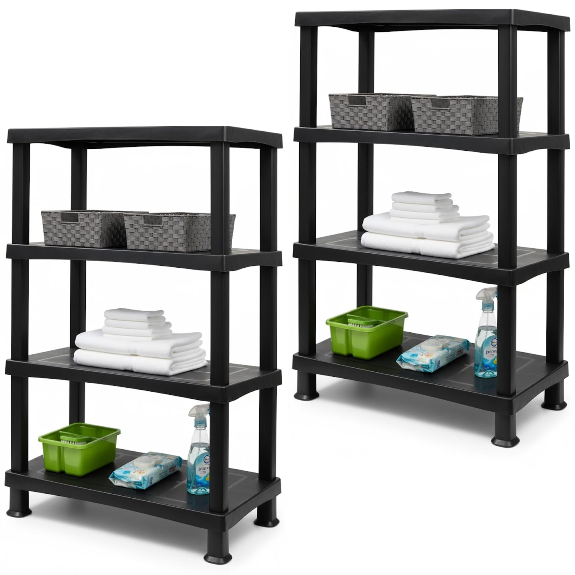ALEEZ - 4 Tier Plastic Shelving Unit - Heavy Duty Storage Shelves - Storage Rack For Home, Garage, Shed, Warehouse - 25kg/55lbs Per Shelf - No Tools Required - Push Fit Assembly, Black (2, 4 Tier)
