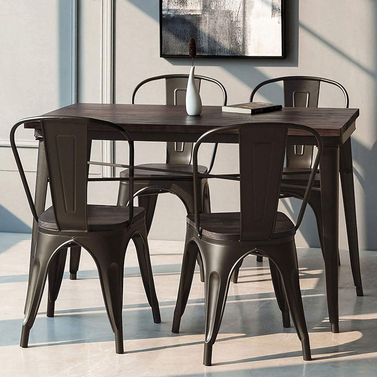 GOFLAME Set of 4 Metal Dining Chairs with Wood Top Seat, Tolix Style Stackable Bistro Cafe Side Chair, Indoor Outdoor Dining Chairs with High Backrest, Perfect for Living Room, Restaurant (Copper)
