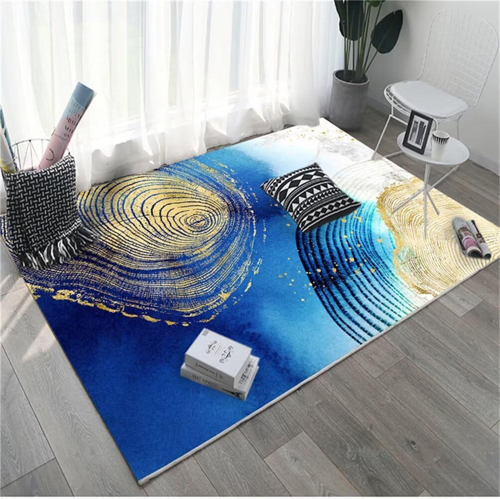 Tapis design salon bleu à motif cercle abstrait pour espace de vie
