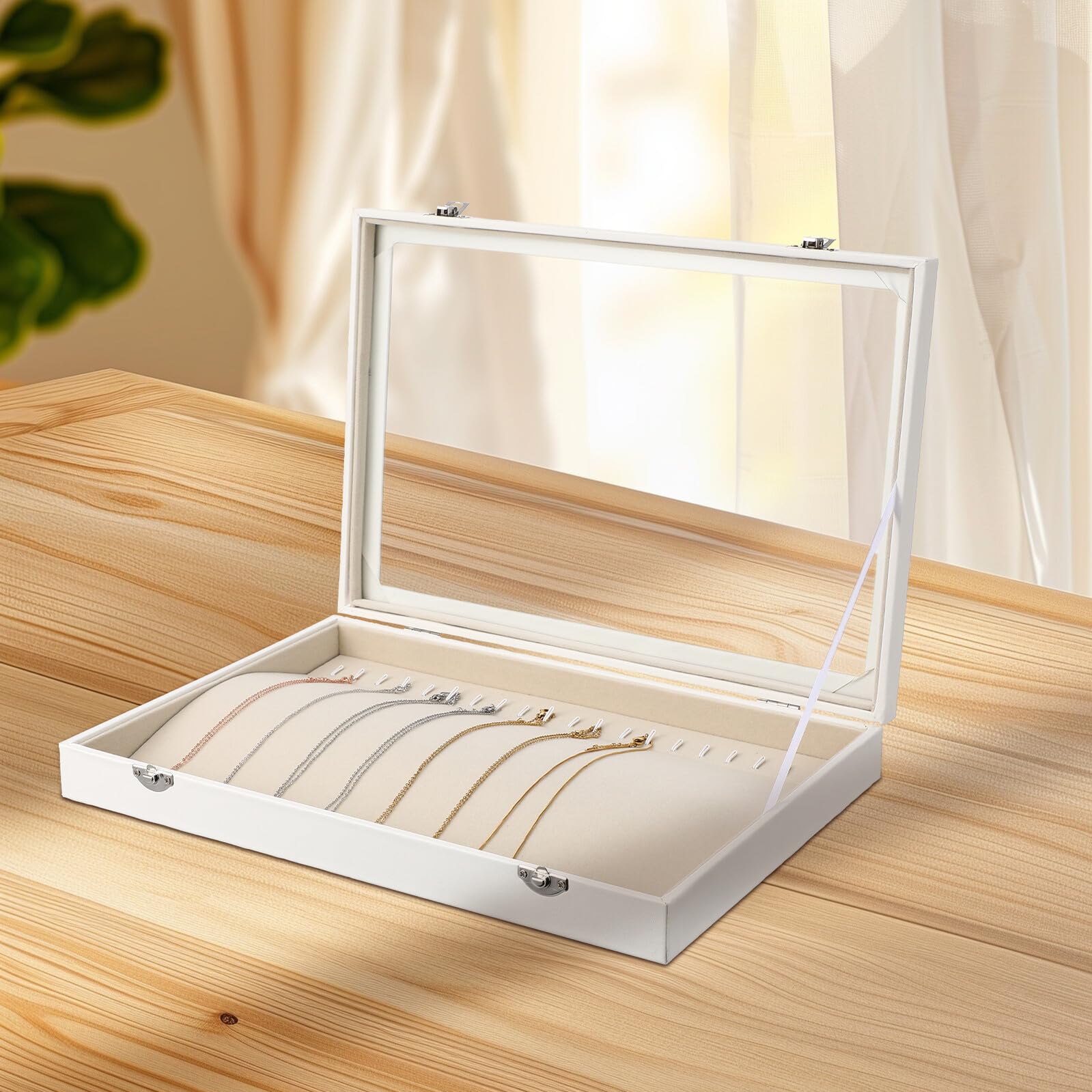 Garneck Joyero Organizador para Collares de Madera Tapa Transparente Caja Cajón y Cierre Seguro Bandeja Expositora Portátil para Collares Adecuado para Viaje y Almacenamiento
