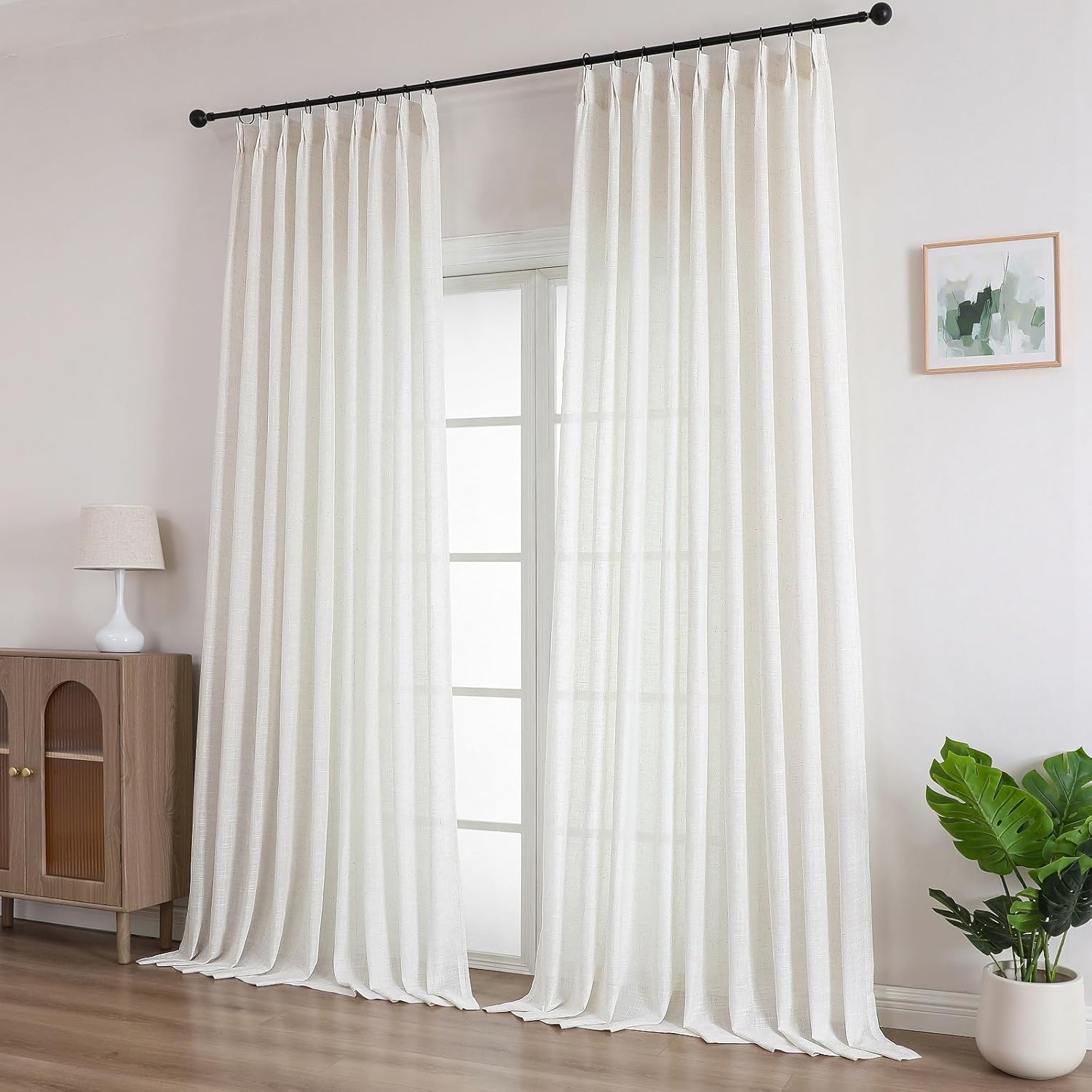 Neutral Linen Sheer Pinch Pleated Sliding Door Curtains, Ivory Beige Light Filtering Curtains & Drapes 96 Inches Long, Textured Modern Farmhouse Floor to Ceiling Window Curtain Panels