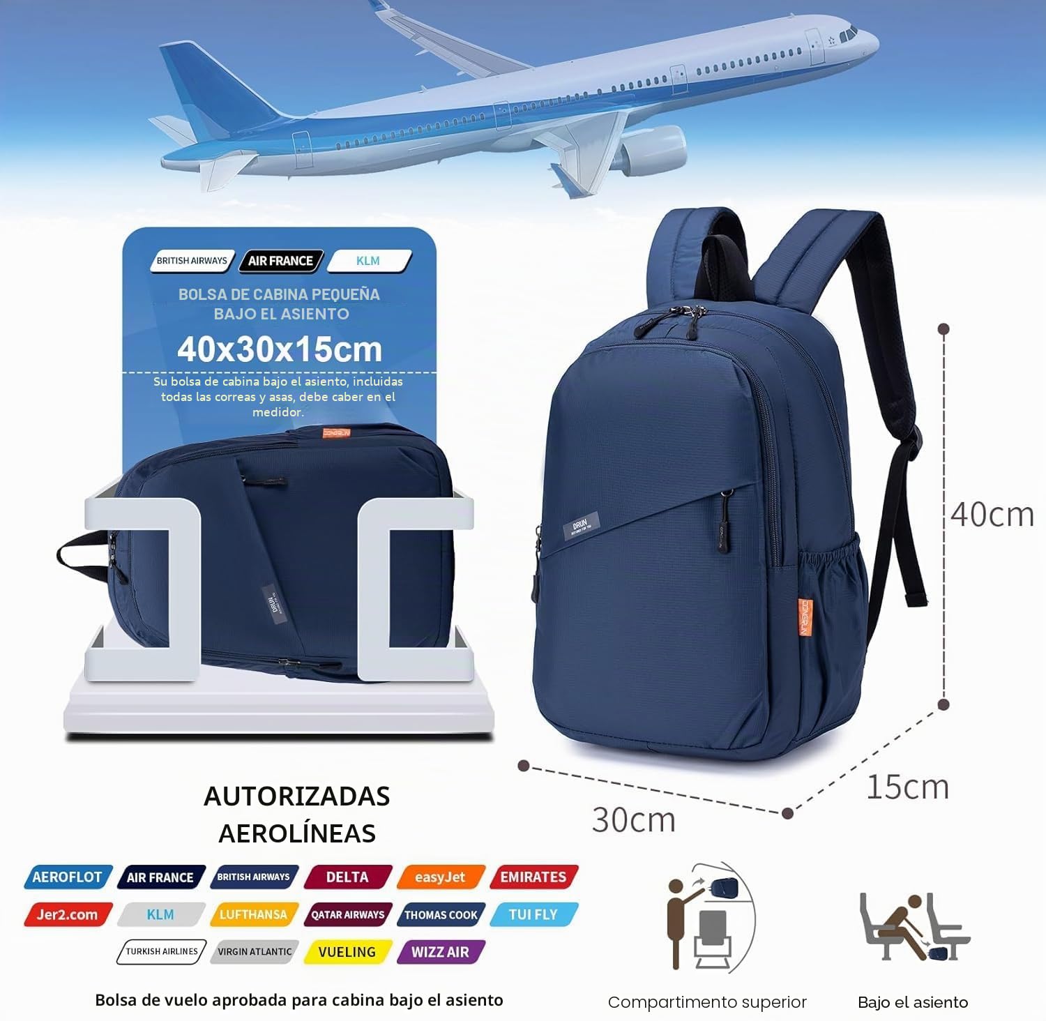 40x30x15cm British Airways Wizzair Eurowings Mochila Viaje Cabina Avion Vueling, Impermeable Nylon Mochilas de Viaje para Avion Mochila Portatil 14 Pulgadas con Compartimento para Ordenador