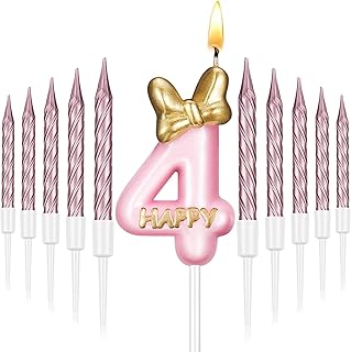 Pink Birthday Candle Girl, Number Birthday Cake Topper with 10 Pieces Rose Gold Birthday Candles Long Thin Cupcake Candles in Holders for Cake Topper Birthday Baking Decor Supplies (Number 4 Style)