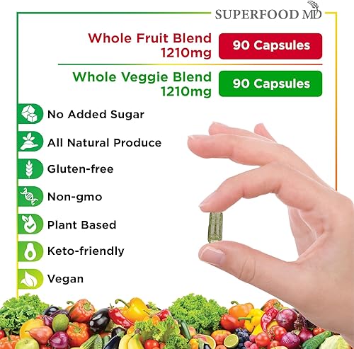 Miniatura 6 de Superfood MD Suplemento de frutas y verduras, superalimentos naturales integrales, con betacaroteno, sin soja, 90 unidades (paquete de 2)