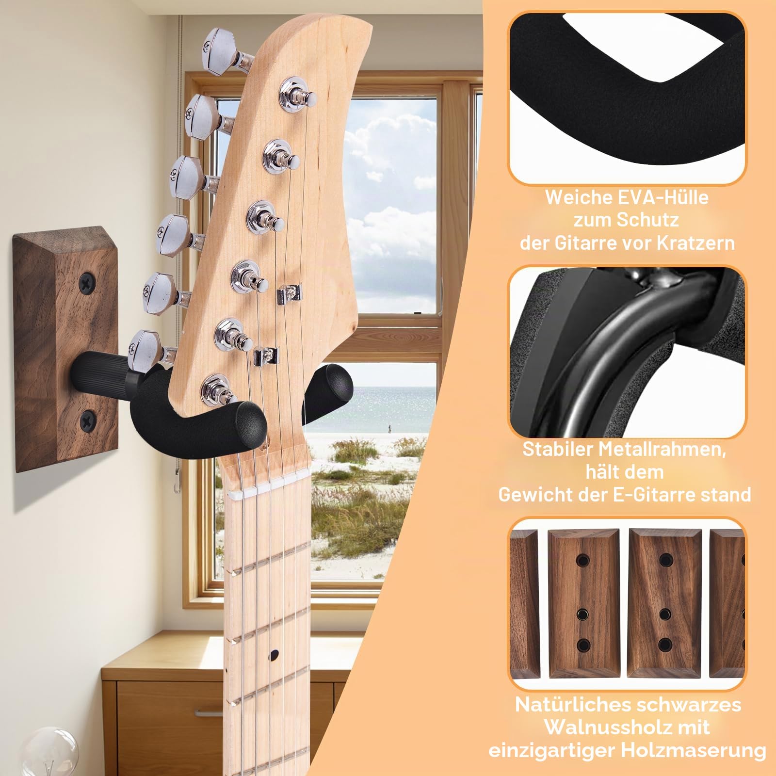 Gitarrenhalterung Wand im 4er-Pack, Gitarrenhalter für die Wand mit verstellbarem weichem Gitarrenhaken für Gitarren aller Größen, U-förmiger Gitarrenhalter aus Hartholz für Akustikgitarre, E-Gitarre