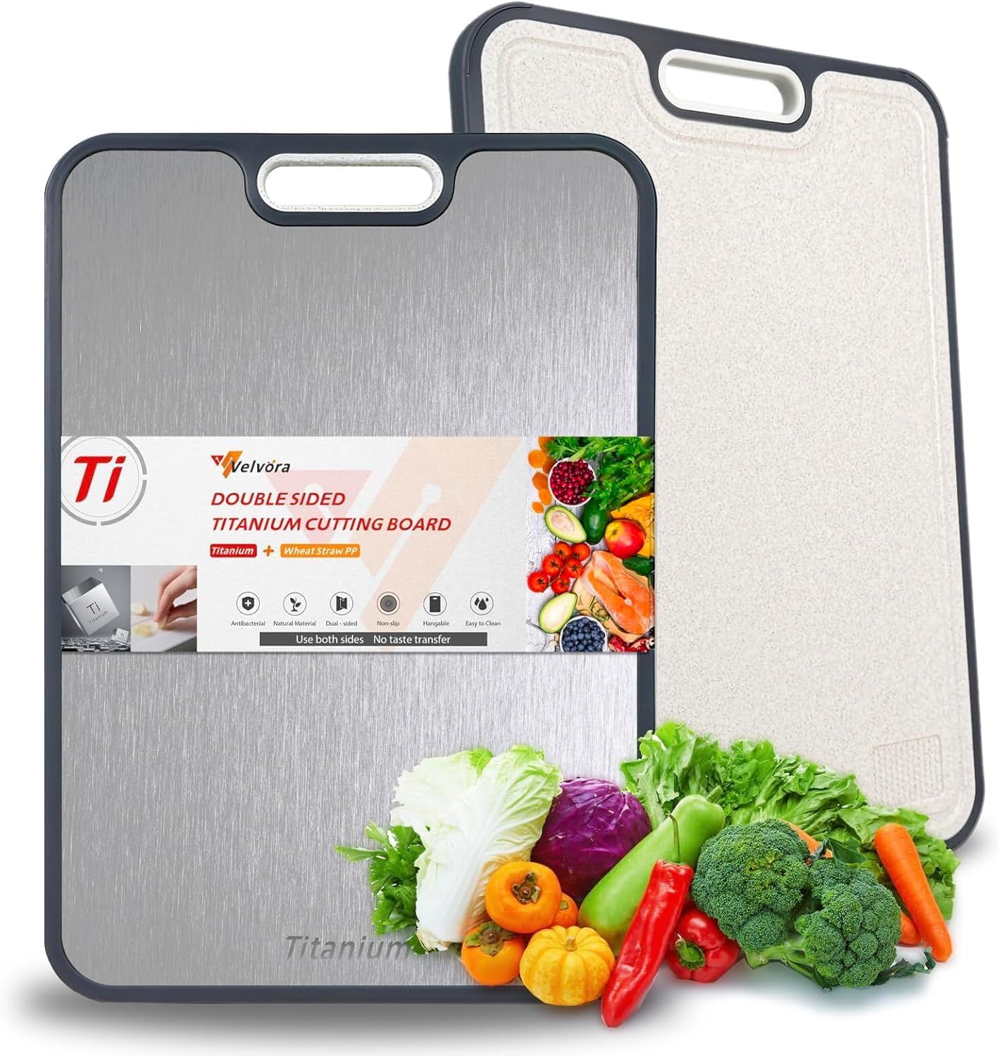 Double-Sided Titanium Cutting Board for Kitchen, Titanium & Wheat Straw PP Chopping Board, Dishwasher Safe Reversible Cutting Board for Meat, Vegetables & Fruit, Easy to Clean, 15.2" x 10.4"
