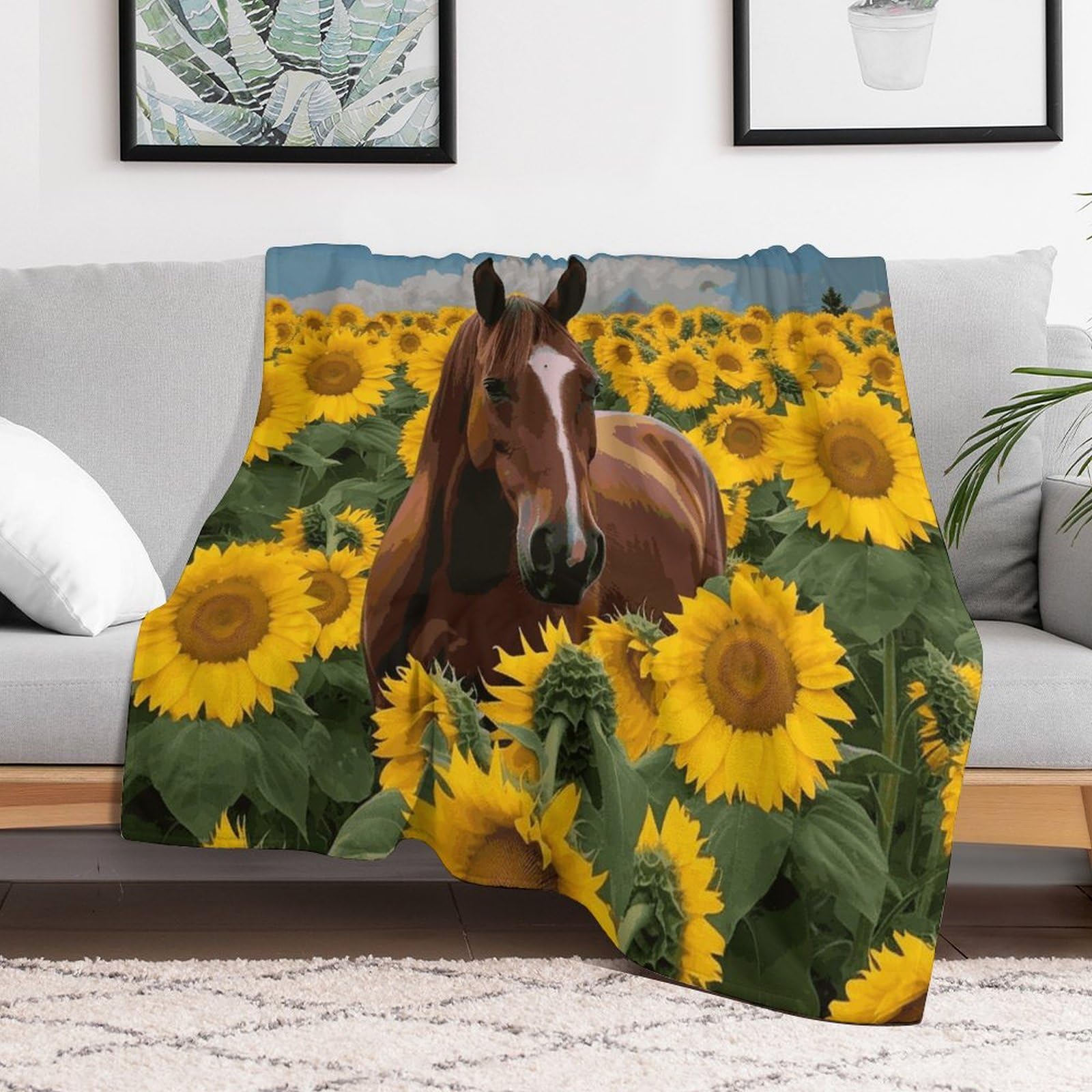 Couverture en micro polaire 152x203 cm cheval et tournesol pour lit et canapé