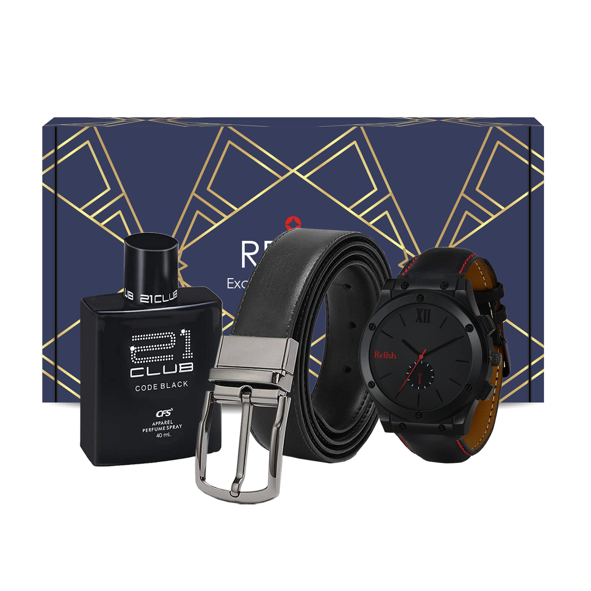 Relish Gift Combo Box of Mens Black Analog Leather Strap Watch, Long Lasting Perfume and Reversible Leather(PU) Belt (B09GP7NX65) Amazon Price History, Amazon Price Tracker