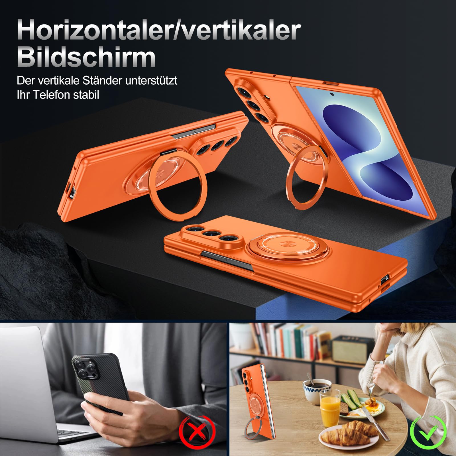 Custodia magnetica per Samsung Galaxy Z Fold 8 Ultra, con supporto ad anello in metallo a 360°, opaca, per esterni, antiurto, arancione