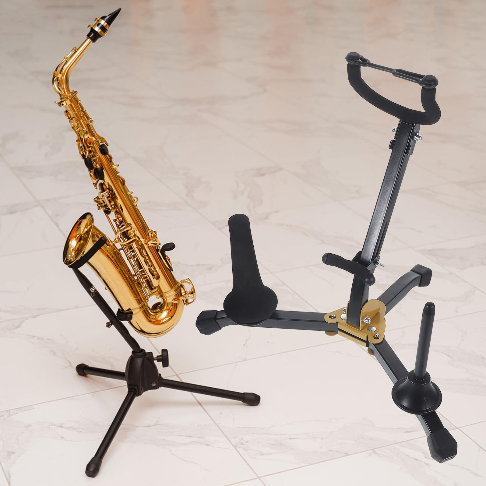 Supporto per Sax Contralto Pieghevole, Nero, per Saxofono e Clarinetto | Struttura in Ferro, Abs e Schiuma, Leggero e Robusto, Uso da Tavolo, per Collezionisti