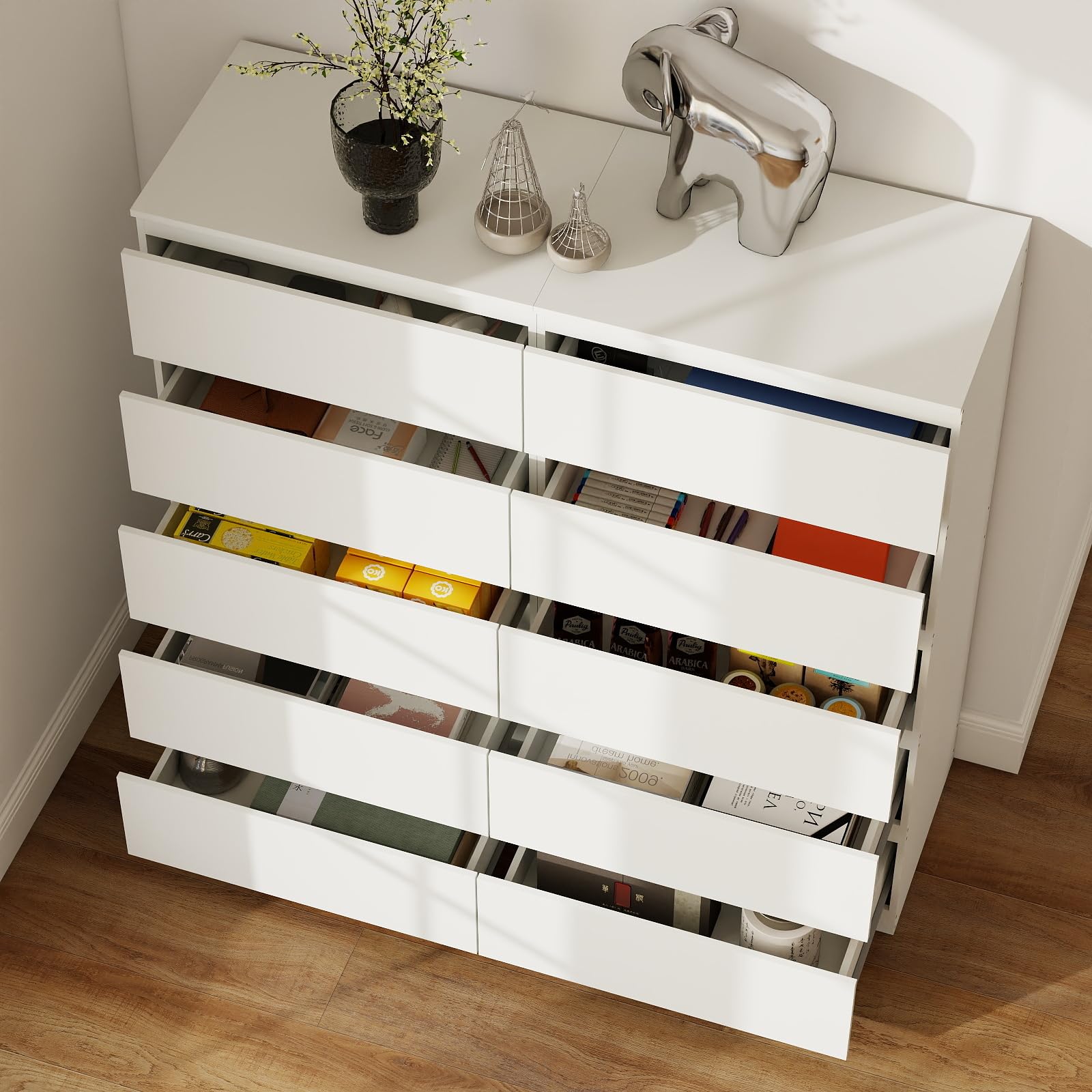 Cassettiera con cassetti, cassettiera per corridoio, cassettiera bianca con 10 cassetti, moderna camera da letto, cassettiera per camera da letto