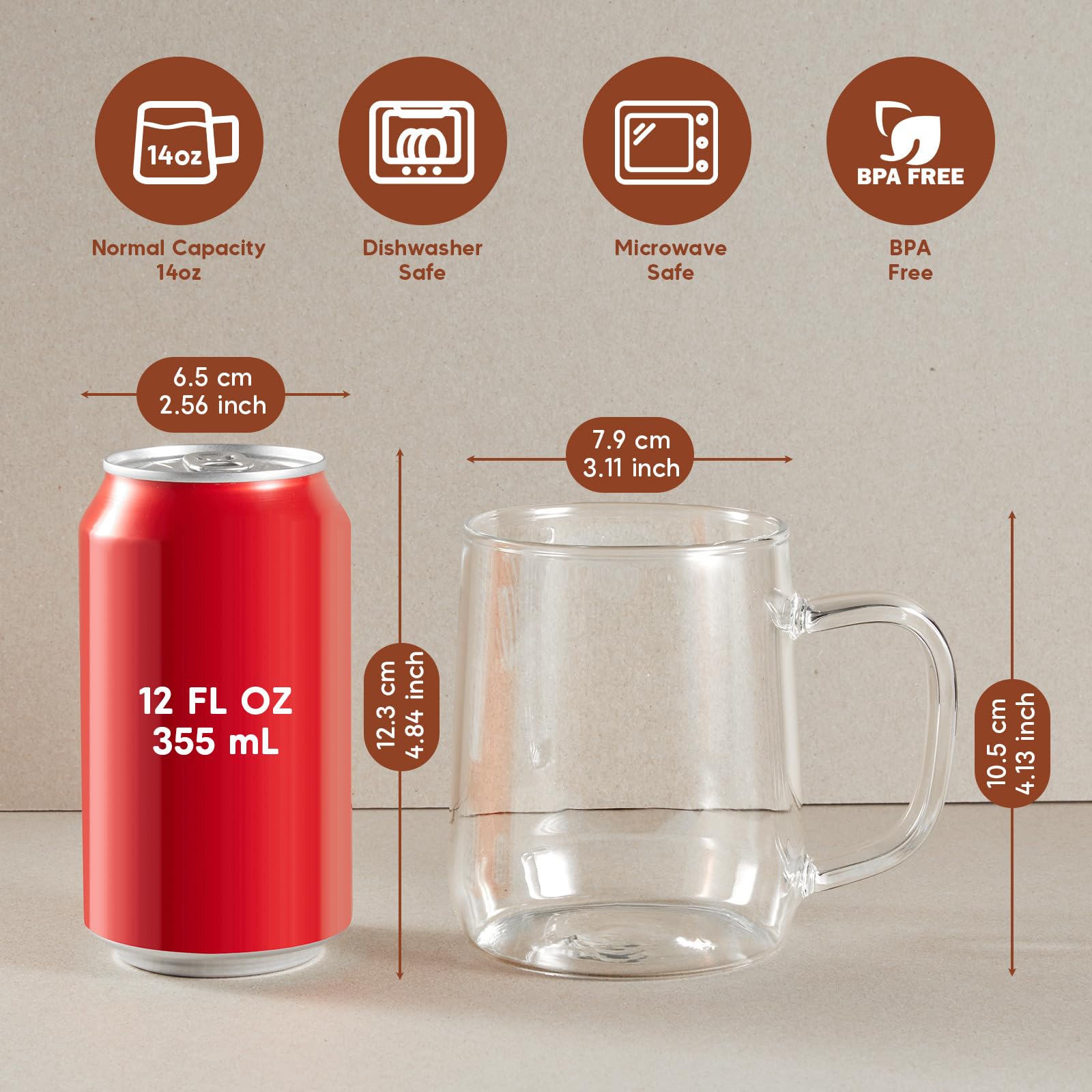 Set di 2 tazze da caffè in vetro borosilicato trasparente da 400 ml, con manici, per cappuccino, tè, latte, bevande calde/fredde, vino, Americano