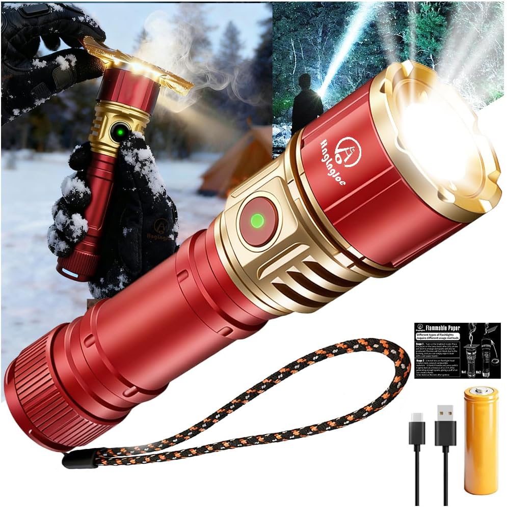 Rechargeable LED Flashlight with Ignition Lens, 2000 Lumens High Lumen Tactical Flashlight with Fire Starter, Zoomable Handheld Torch, USB Rechargeable, EDC Flashlight for Camping Emergency
